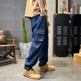 90s streetwear Primary Color Men's Jeans Trendy Multi-Bag Workwear Jeans Men's Loose Dark Blue Straight Jeans Men's Pants