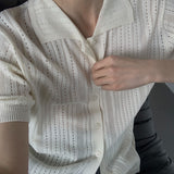 outfits for men INS Hollow Lapel Short Sleeve Men's Prohibited Knitwear Fashionable Lace Shirt Cardigan T-shirt Summer Ruan Handsome