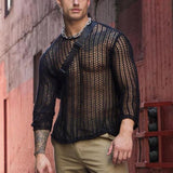 Long Sleeve Sexy Bottoming T-shirt Men's Bottoming Shirt Men's Fashion Solid Color Mesh Hollow Sweater Slim Top