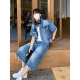 2024 fall fashion trends Korean Style Trendy Niche Lapel Short Sleeve Frayed Edge Denim Suit Casual Loose Straight Washed Denim Cropped Pants