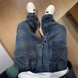 90s fashion Autumn New Loose Couple's Retro Green Plaid Wide-Leg Pants Men's Casual Lazy Straight Casual Pants Fashion