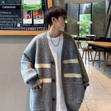 masc outfits Cardigan V-neck Sweater Autumn and Winter Men's Sweater Lazy Style Top Striped Color Matching Loose College Coat