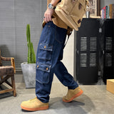 90s streetwear Primary Color Men's Jeans Trendy Multi-Bag Workwear Jeans Men's Loose Dark Blue Straight Jeans Men's Pants