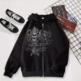 grunge dti 2024 New Cardigan Sweater Dark Skull Casual American Zipper Men's Style Hoodie Black Trendy Black Coat