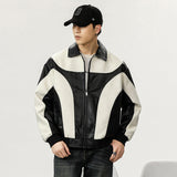 moto jacket outfit Autumn and Winter Korean Style Niche Black and White Color Matching Leather Coat Men's Loose Stitching Design Leather Jacket Trendy Top