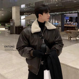 bomber jacket PU Leather Fur Collar Cotton-Padded Coat for Men Autumn and Winter Thickened Korean Style Trendy Lamb Fur Ruffle Handsome High-Grade Cotton-Padded Coat Leather Coat