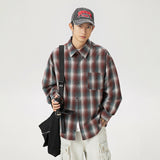 fall mens outfits American Retro Plaid Shirt Men's Autumn New Lapel Patch Bag Design Couple Loose Long Sleeve Shirt Coat Women