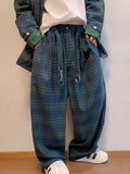 90s fashion Autumn New Loose Couple's Retro Green Plaid Wide-Leg Pants Men's Casual Lazy Straight Casual Pants Fashion