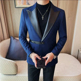 Itooh High Quality PU Splicing Closure-collar Suit Jackets Men Slim Casual Business Blazers Wedding Social Banquet Party Tuxedo Coat