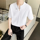 Itooh Summer Short Sleeve Tshirts Simple and Loose Short Sleeve Casual Tshirts Pin Decoration V-neck Bottom Tee Tops Men Clothing