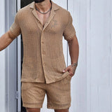 Itooh  Leisure Breathable Hollow Out Beach Two Piece Sets Men Summer Short Sleeve Shirts And Shorts Mens Mesh Outfits New Casual Suits