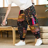 Itooh Summer Thin Floral Harem Pants Chinese Style Breathable Casual Muse Pants Men's Chic Fat Crotch Large Leg Baggy Bloomers Holiday