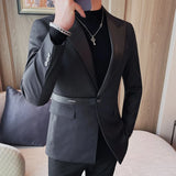 Itooh High Quality PU Splicing Closure-collar Suit Jackets Men Slim Casual Business Blazers Wedding Social Banquet Party Tuxedo Coat