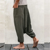 Itooh Linen Casual Trousers Men's Japanese Wide-leg Pants Summer Cotton Linen Loose Bloomers Large Size Indian Meditation Pocket Pants