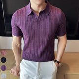 Itooh  Men's Polo Shirt, Striped Jacquard Knit Short Sleeve, T-shirt V-neck Solid Color Elastic Top 2024. M-3XL