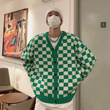 Itooh Checkerboard Plaid Sweater Knitted Sweater Boys Cardigan New Spring Autumn V-neck Trend College Coats Green Streetwear HomeWear