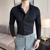 Itooh British Style Double Breasted Shirt for Men Striped Long Sleeved Casual Business Dress Shirts Slim Fit Social Party Streetwear