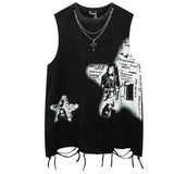 Itooh Summer Men Washed Sleeveless Tshirt Top Hip Hop Print Punk Gothic Vests Streetwear Harajuku Cotton Tank Tops Y2k Fringed Vintage