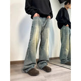 Itooh American Style Vintage Loose-fit Straight-leg Denim Jeans For Men Spring Autumn Distressed Washing Wide-leg Trousers