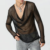 Itooh Mens Sexy See-Through Mesh Long-Sleeved Top  New Genderless Nightclub Individuality Youthful Thin Low-Cut T-Shirt Unisex