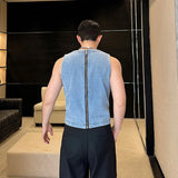 Itooh Summer New Trendy Men's Washed Denim Tank Top Sleeveless Round Neck Double Zipper Niche Design Personality Vest