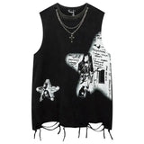 Itooh Summer Men Washed Sleeveless Tshirt Top Hip Hop Print Punk Gothic Vests Streetwear Harajuku Cotton Tank Tops Y2k Fringed Vintage