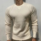 Itooh 315g Fitness Sports Waffle T-Shirt Men Cotton Knitted Muscle Slim Fit Pullover Tops Leisure Round Neckline Long Sleeve Jumpers