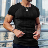 Itooh  Sports Mens Clothes Slim Short Sleeve Solid Color Ribbed T Shirt Summer Casual O Neck Tee Tops Men Leisure Outdoor Pullover