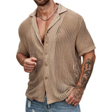 Itooh Streetwear Fashion Knitwear Mens Shirt Sexy See Through Knit Tops Men Summer Casual Button Lapel Short Sleeve Hollow Out Shirt