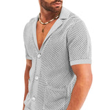 Itooh  Sexy See Through Hollow Out Mesh Knit Two Piece Suits Men Summer Fashion Short Sleeve Shirts And Shorts Sets Mens Outfits Beach