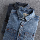 Itooh American Retro Snowflake Washed Old Denim Shirt Men's Tooling Thick Rough Jean Shirts Tide Loose Long-sleeved Chest Pocket Shirt