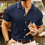 Itooh Retro Striped Knitted Lapel Mens Shirt Short-sleeved Buttoned Knitting Shirts For Men Summer Casual Slim Fit Knit Cardigan Tops