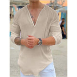 Itooh new men's linen long sleeve T-shirt Breathable shirt solid color casual basic cotton linen shirt top