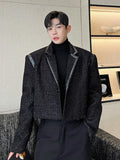 Itooh Men's Wear 2024 Spring Autumn PU Leather Patchwork Short Korean Style Loose Tweed Coat Single Button Wool Jackets