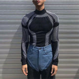 Itooh Men's Trendy Long Sleeved T-shirt Men's Stretch Tights High Collar Base Shirt Striped Patchwork Sport Fitness Jersey Streetwear