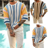 Itooh  Men Sweater Loose Fit Sweater Striped Print Men's Knitted Sweater Colorful Loose-fit Pullover for Spring Summer Fall