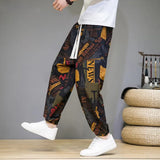 Itooh Summer Thin Floral Harem Pants Chinese Style Breathable Casual Muse Pants Men's Chic Fat Crotch Large Leg Baggy Bloomers Holiday