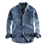 Itooh American Retro Snowflake Washed Old Denim Shirt Men's Tooling Thick Rough Jean Shirts Tide Loose Long-sleeved Chest Pocket Shirt