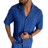 Itooh  Leisure Breathable Waffle Shirts For Men Vintage Turn-down Collar Buttoned Short Sleeve Cardigan Mens Shirt Summer Casual Shirts