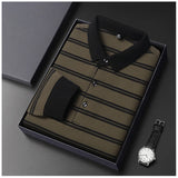 Itooh  Classic Striped Polo Shirt Men's Long-Sleeved T-shirt Daily Casual All-Matching Tops Black and White Lapel M-4XL