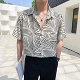 Itooh Summer Loose Ice Silk Shirt Men Fashion Striped Printed Short Sleeve Shirts Oversized Streetwear Social Men Clothing