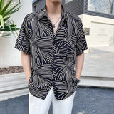 Itooh Summer Loose Ice Silk Shirt Men Fashion Striped Printed Short Sleeve Shirts Oversized Streetwear Social Men Clothing