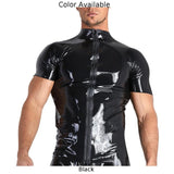 Itooh Sexy Unisex Wet Look PU Leather T Shirts For Women Men Short Sleeve Solid Black Zip-up Turtleneck Tees Top T Shirts Clothing