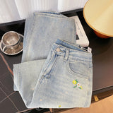 Itooh  High Street Fashion Women Embroidery Jeans Spring Summer High Waist Wide Leg Long Denim Pants Casual Trousers Female Blue