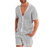 Itooh  Sexy See Through Hollow Out Mesh Knit Two Piece Suits Men Summer Fashion Short Sleeve Shirts And Shorts Sets Mens Outfits Beach