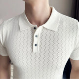 Itooh  Ice Silk Wave Striped Knitted Lapel Short Sleeve Men's T-shirt Slim Hole Polo Shirt Gray ,polo Golf Shirt