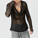 Itooh Mens Sexy See-Through Mesh Long-Sleeved Top  New Genderless Nightclub Individuality Youthful Thin Low-Cut T-Shirt Unisex