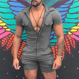 Itooh Summer Short Sleeve Slim Romper Mens Overalls Streetwear Vintage Lapel Zipper Shorts Jumpsuits For Men Sexy Fit Playsuits