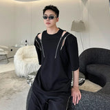 Itooh  Korean Style 2024 Summer New Trendy Personalized Multi Zipper Decorative Niche Design Casual T-shirt Shoulder Pad Male Top