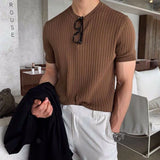 Itooh  Fashion Simple Solid Color Slim Short Sleeve Ribbed Knit T Shirts Mens Clothes Spring Summer Casual Crew Neck Pullover Tops Men